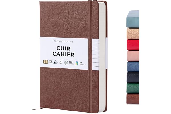 Beechmore Books Carnet de Notes Pages Blanches - A5, Marron I Journal à Couverture Rigide Cuir Vegan, Papier Ligné Crème Épais 120 g/m², Boîte Cadeau, pour Écrivain, Journaliste, Réunion, Étudiant