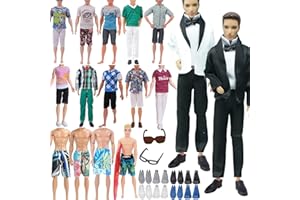 WANDERGO Set di 23 pezzi di vestiti e accessori per bambole Ken Barbie, tra cui 1 Ken, 5 top 5 pantaloni, 2 pantaloncini da tavola, 8 scarpe 1 occhiali e 1 tavola da surf (stile casuale)