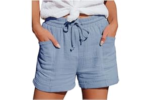 MEILYVIBA Damen Shorts Sommer Mode Lässige Musselin Hose mit hoher Taille Gerades Bein Sport Lässige Lockere Shorts mit Kordelzug Kurze Hose mit Taschen Gummiband Freizeit Shorts Elastische Stoffhose