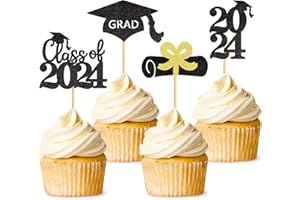 Blumomon 24Pcs Black Glitter Congrats Grad Cake Topper 2024 Graduation Party Decorations Supplies Graduation Cake Toppers Happy Graduation Party Decorations