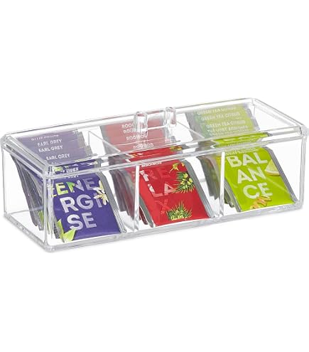 Daelesr Scatola da Tè, Porta Bustine The e Tisane, Organizer per Frigorifero con 4 Scomparti, Scatola Contenitore Plastica per Biscotti, Spezie, Caffè, Cucina Trasparente