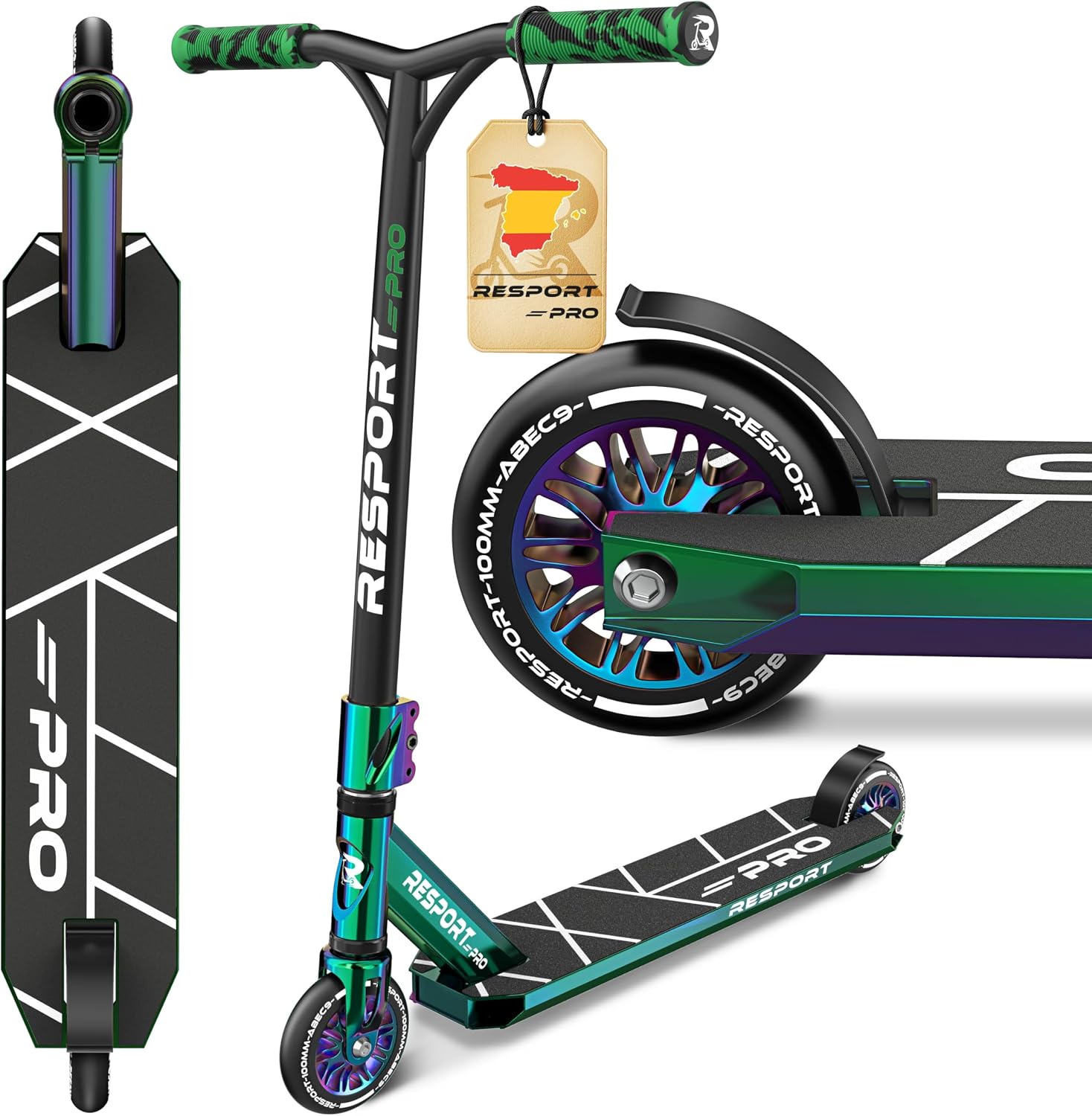 RE:SPORT Patinete de acrobacias Revo Pro para niños y adultos con soporte, patinete profesional de 110 mm, ruedas de poliuretano y barra en Y, patinete de acrobacias, patinete ABEC 9, rodamientos de