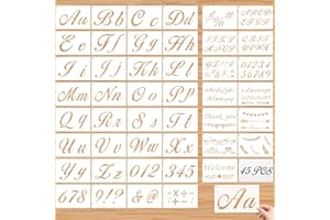 HAILUII 45Pcs Letter Stencils Alphabet et Chiffre Calligraphie Pochoir Majuscule Minuscule Décoration Réutilisable Lavable Alphabet Numéro Pochoir Peinture Dessin pour Bois Mur Fenêtre Carte Scrapbook Journal