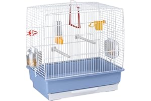 Ferplast Jaula Rectangular para pequeños pájaros exóticos y Canarios Rekord 2 con Accesorios y comederos giratorios, Alambre Pintado Blanco y cubeta de plástico Azul Celeste, 39 x 25 x h 41 cm