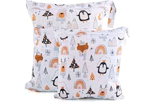 Darryy Borsa per Pannolini Lavabili, 2 Pezzi Sacchetto Impermeabile per Pannolini, Wet Bag Pannolini, 2 Misure, Buste Porta Pannolini, Borsetta per Pannolini, con Cerniera, Riutilizzabile (Pinguino)