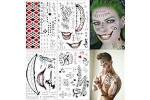 HXLEUCRY 4 arkusze tymczasowego tatuażu z motywem kluna, Joker, Harley Quinn, tatuaż Cosplay, naklejki na Halloween, karnawał, Cosplay, straszną imprezę, twarz, makijaż, imprezę tematyczną, maskaradę,