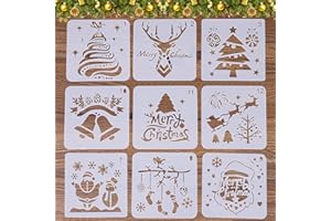 WELLXUNK Modelli di Stencil di Natale, 9 Pezzi Plastica Disegno Riutilizzabile, per Decorazione Natalizia Fai-da-Te Bello Regali
