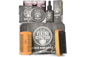 Viking Revolution Kit Barbe Homme - Inclus Brosse en Poils de Sanglier, Peigne en Bois, Baume & Huile Barbe Homme, Ciseaux Barbe & Moustache dans une Boîte Métallique