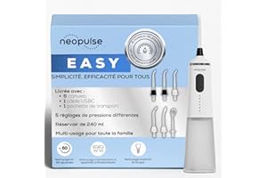 NEOPULSE® - Jet Dentaire EASY® - Hydropulseur 4 en 1-6 Canules, 5 Niveaux de Pression - Élimine la Plaque Dentaire, Nettoie les Implants, Appareils Dentaires Orthodontiques et la Langue - Blanc
