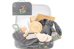 Luxury Newborn Baby Organic Gift Set Hamper - UK Company - Little White Deer - Neutral Boys Girls First Present Feeder Teether Baby Visual Cards