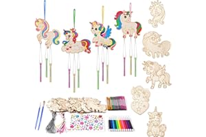 Ainiv 9PCS Unicornio Carillón de Viento Kit Manualidades, Campanillas de Viento de Madera para Pintar, Manualidades Otoñales de Madera para Regalos de Cumpleaños Infantiles y Actividades de Otoño