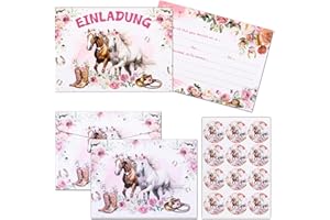 Unvtap 12Set Pferde Einladungskarten Kindergeburtstag Mädchen, Einladungskarten Geburtstag Pferde mit Umschlag und Aufkleber, Pferde Geburtstagseinladungen für Kinder Geburtstag (Pferde)