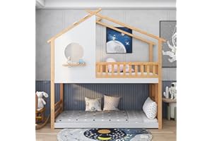 Moimhear 90 x 200cm Hausbett, Kinderbett Etagenbett mit rechtwinkliger Leiter, mit Fallschutz und Barriere, Rahmen aus Kiefernholz (Holzfarbe)