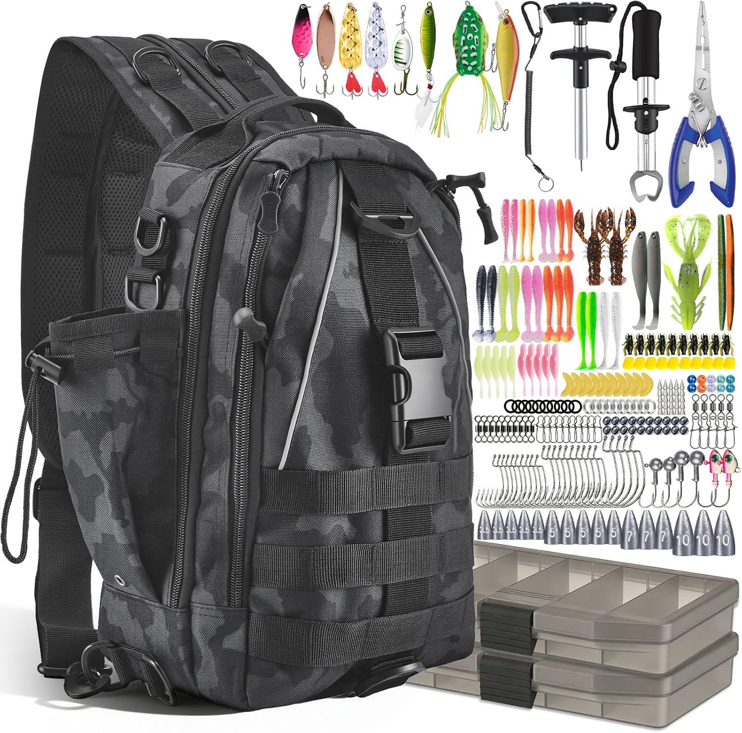 Eirolace Juego completo de pesca de 209 piezas, mochila de pesca de 40 litros, impermeable, con cajas, pinzas de pesca, extractor de anzuelos para pesca, camping, senderismo, pesca, cajas de cebo y