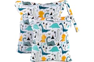 Darryy Kindergarten-Nasstasche 2er Set, Wasserdicht, Nassbeutel Kita, Windeltasche Nasstasche, Wetbag Stoffwindeln, Wiederverwendbar Dinosaurier