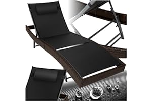 tectake® Chaise Longue Bain de Soleil en Résine Tréssée, Résistant Dossier Inclinable sur 6 positions, Appuie-tête inclus Transat Salon de jardin exterieur Mobilier de Jardin Chaise Longue Relax Plage
