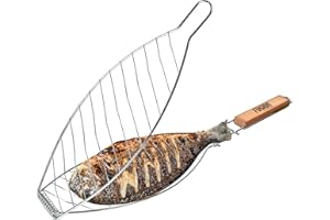 FUSION FOOD CARE Fusion Food Grill Basket Stainless Steel Barbeque Grill Basket Mesh Non Stick With Ergonomic Detachable Wooden Handle Ring Lock Heat Resistance Grill For Outdoor Camping Travel (33x58cm-Oval)