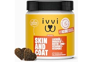 ivvi Skin & Coat Omega 3 für Hunde gegen Juckreiz im Leckerliformat, für gesunde Haut & glänzendes Fell – mit Biotin, DHAgold, Zink, Vitamin C, Lachsöl - 60 leckere Snacks (270g) mit Lachs