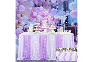 SUPPROMO 6ft Purple Table Skirt with Lights Tulle Tutu Table Coths for Parties Baby Shower Girl Butterfly Elephant Birthday Wedding Dessert Banquet Table Decorations