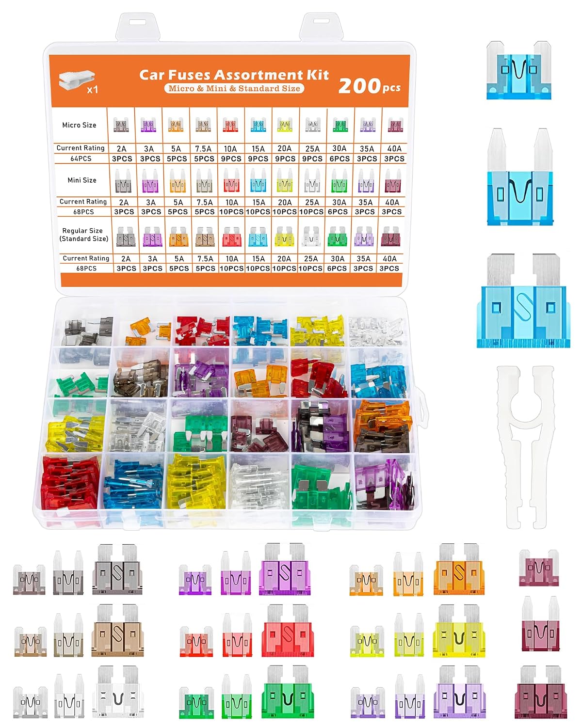 Acual 200 Autozekeringen Set Mini & Standaard Automotive Zekeringen | 200-Delige Autoverzekeringenset met Mini & Standaard Zekeringen, Zekeringtrekker en Opbergdoos voor Voertuigen.