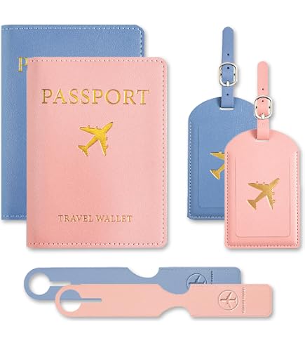 Ensemble 2 Protège-Passeports Cuir + 2 Étiquettes Bagages - Voyage Lune De Miel Couples Noir Blanc