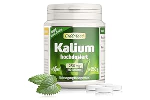 ‎GREENFOOD Kalium, hochdosiert, 250mg - 180 Tabletten, vegan. Hochwertiges Kaliumcitrat - wichtig für Nervensystem, Muskelfunktion & Blutdruck. OHNE künstliche Zusätze - laborgeprüft. Von Greenfood.