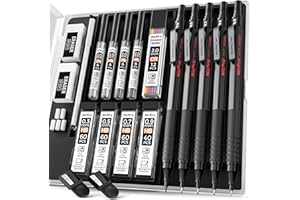 Nicpro Black Art Mechanical Pencil Set, 5PCS Metal Drafting Pencils 0.3, 0.5, 0.7, 0.9 mm & 2mm Graphite Lead Holder For Sketching Drawing With 9 Tubes (4B 2B HB 2H Colors) Lead Refills Erasers Case