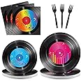 ZOIIWA 96 Pieces Record Paper Plates 50's Theme Party Decorations Record Plates and Napkins for Party Retro Vinyl Record Party Dessert Plates 1950's Tableware Set Music Party Supplies