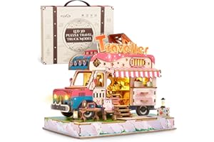 FUNPOLA Puzzle 3D en Bois pour Camion de Voyage - Kit de Camion d'aventure Miniature à Monter soi-même avec lumières LED - Cadeau créatif pour Enfants et Adultes (Version colorée)