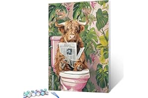 Tucocoo Highland Cow Bathroom Paint by Numbers Kits 16x20 inch Canvas DIY Oil Painting for Adults with Brushes and Acrylic Pigment - Rustic Animals Green Plant Picture for Home Decor (Without Frame)