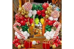 CBODECO 153PCS Christmas Balloon Garland Arch kit with Red Green White Candy Cane Xmas Gift Box Foil Red Cane Balloons for Christmas Party Decorations