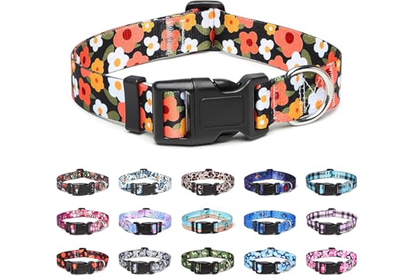 Suredoo Collar Perro, Ajustable y Resistente con Patrones de Moda, Collar Nylon Cómodos para Perros Pequeños Medianos Grandes, Cachorros(L, Floral Naranja)