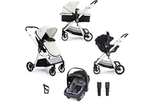 Babymore Mimi Travel System Coco i-Size Car Seat Silver - 3 in 1 Pram Pushchair, Easy Folding & Convertible Carrycot to Pushchair Seat, Universal Car Seat Adaptors, Foot Muff, Rain Cover & Cup Holder
