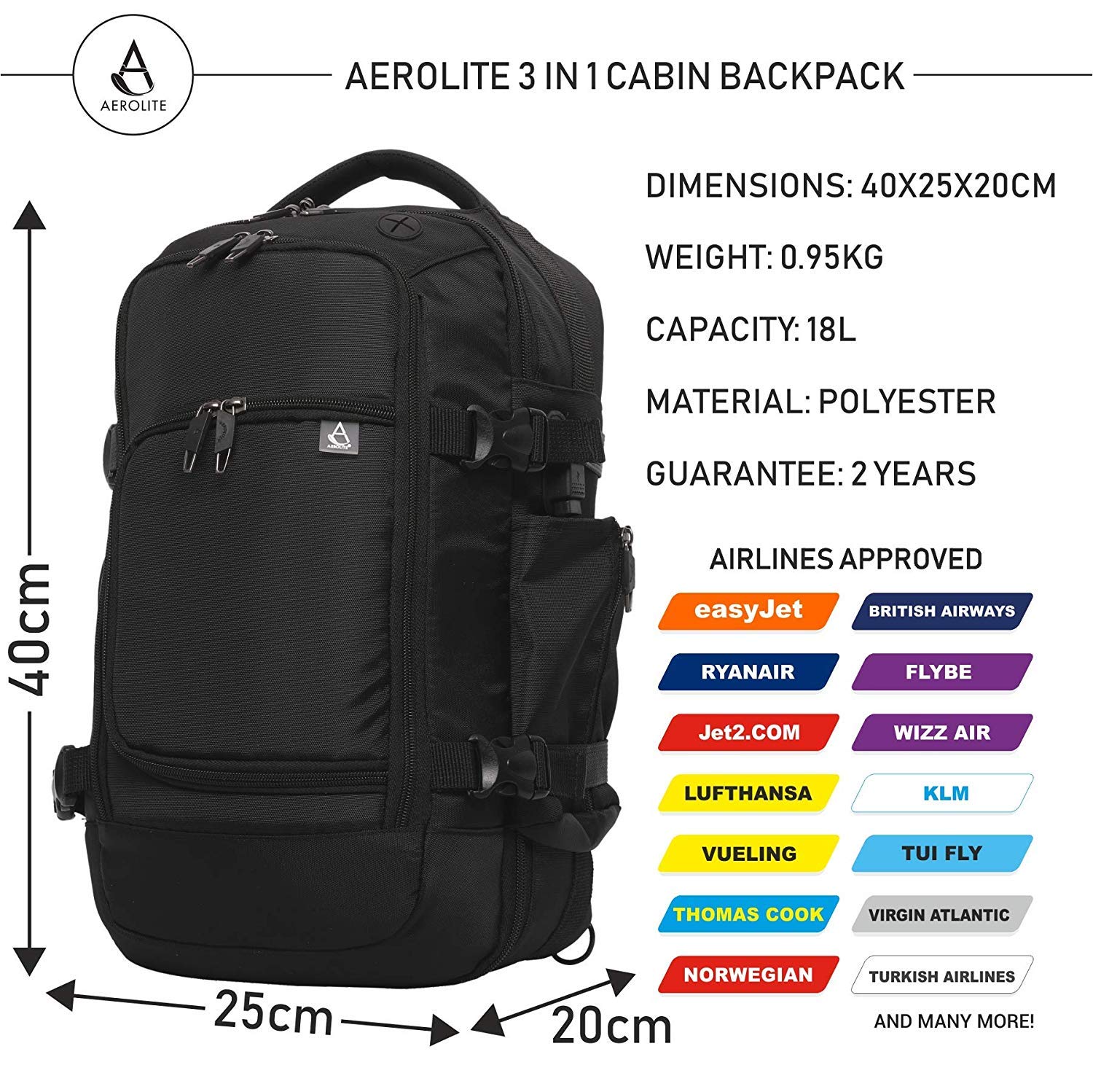 Aerolite Ryanair Maximum Size 40x20x25cm Hand Cabin Luggage
