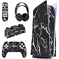 PlayVital Black White Marble Effect Full Set Skin Decal for ps5 Console Disc Edition,Sticker Vinyl Decal for ps5 Controller & Charging Station & Headset & Media Remote
