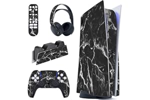 PlayVital Skin für ps5 Konsole Regular Edition,Stickers Aufkleber Vinyl-Skin Schutzfolie Folie für PS5 Konsole,Controller,Ladestation, Headset,Medienfernbedienung-Schwarz Weiß Marmor Optik