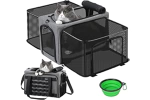 Pecute Sac de Transport Chat Extensible, Sac Transport Chat Respirant et Pliable, Sac de Transport pour Chat Caisse de Transport Chat pour Voyage en Avion Train vec et Bandoulière Réglable + Bol,Gris