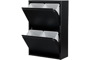 Atahome Didyma Waste and Recycling Bin - 2+2 Drawers and Plastic Buckets with Metal Handles, 4x15 Litres Waste Separation & Recycling Bin, Sturdy Metal Structure Rubbish Bin (Black)
