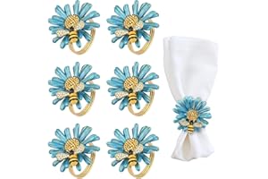 Kesote Rond de Serviette de Table Marguerite et Abeille 6 Pcs Rond Serviette Doré et Bleu en Métal Decoration Table pour PâquesMariage Bapteme Noël Banquet Fête Hôtel Restaurant