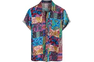 LucMatton Men's Cotton Linen Traditional Pattern Print Short Sleeve Button Down Hawaiian Shirts