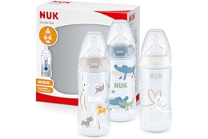 NUK First Choice+ biberones | 0-6 meses | 150 ml | Biberones anticólicos con tetina con forma anatómica de silicona | Control de temperatura | Sin BPA | Safari (azul) | 3 unidades