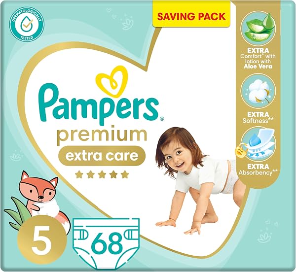 Pampers Premium EXTRA CARE Taped Diapers, Size 5, 11-25 kg, with Lotion with Aloe Vera, Saving Pack, 68 Baby Diapers