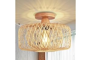 FRIDEKO HOME Lampa sufitowa w stylu vintage, bambusowa, drewniana, oprawka E27, styl boho, rattanowa, Ø 30 cm, lampa wisząca do kuchni, korytarza, salonu, sypialni, jadalni