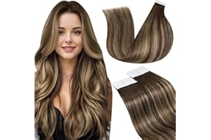 LaaVoo Extension Adhesive Cheveux Naturel Balayage Brun Caramel Dore Extension Cheveux Humain Adhesive Blonde Ombre Marron 50g/20pcs 45cm Extension Cheveux Naturel Adhesive Marron Lisse #4/27/4