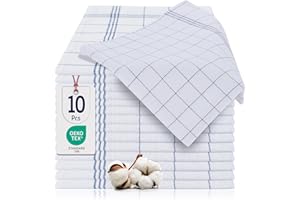 BARBONS Lot de 10 Torchons de Vaisselle de 50x70 cm -%100 Coton Torchon de Cusine Premium Qualité Certifiée Oeko-TEX - Ultra Absorbant Design élégant à Carreaux - Bleu