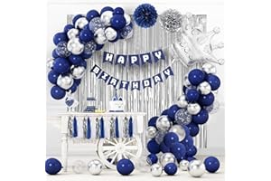 LUOBITO Birthday Decoration, Navy Blue Silver Birthday Party Decorations for Boys Girls Men Women, Happy Birthday Banner Background, Confetti Balloons, Tassel Garland