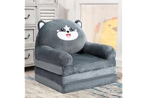 BYBYME Kids Fold Out Chair Bed - Foldable Toddler Chair Lounger for 1-3 Year Old Children - Cute Folding Sofa Bed Couch Armchair for Playroom Bedroom (Gray Dog)
