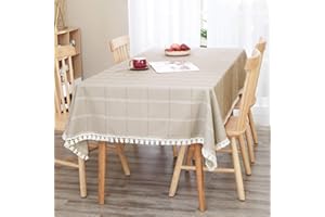 Deconovo Home Decorative Gingham Tablecloth Cotton Wipeable Tablecloths Rectangular Water Resistant Table Cloth Tassel Lace Tablecloth for Party 132x178cm(52x70inch) Beige