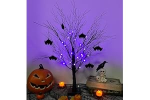 APISNEST Halloween Tree,Black Spooky Tree with 24 Purple LedLights and 6 Bat Ornaments,25IN Lighted Decorative Twig Tree for Halloween Indoor Tabletop Decoration