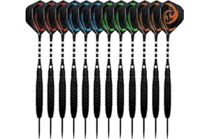 KOHMUI Dartpfeile, 12 Stück Steel Darts Pfeile Set, 23 Gramm Profi Steeldarts mit Metallspitze, Schwarz rutschfeste Eisenfass, Aluminium Schaft, 40 Flights, 24 Anti-lose Gummiringe, Dartpfeil Spitzer